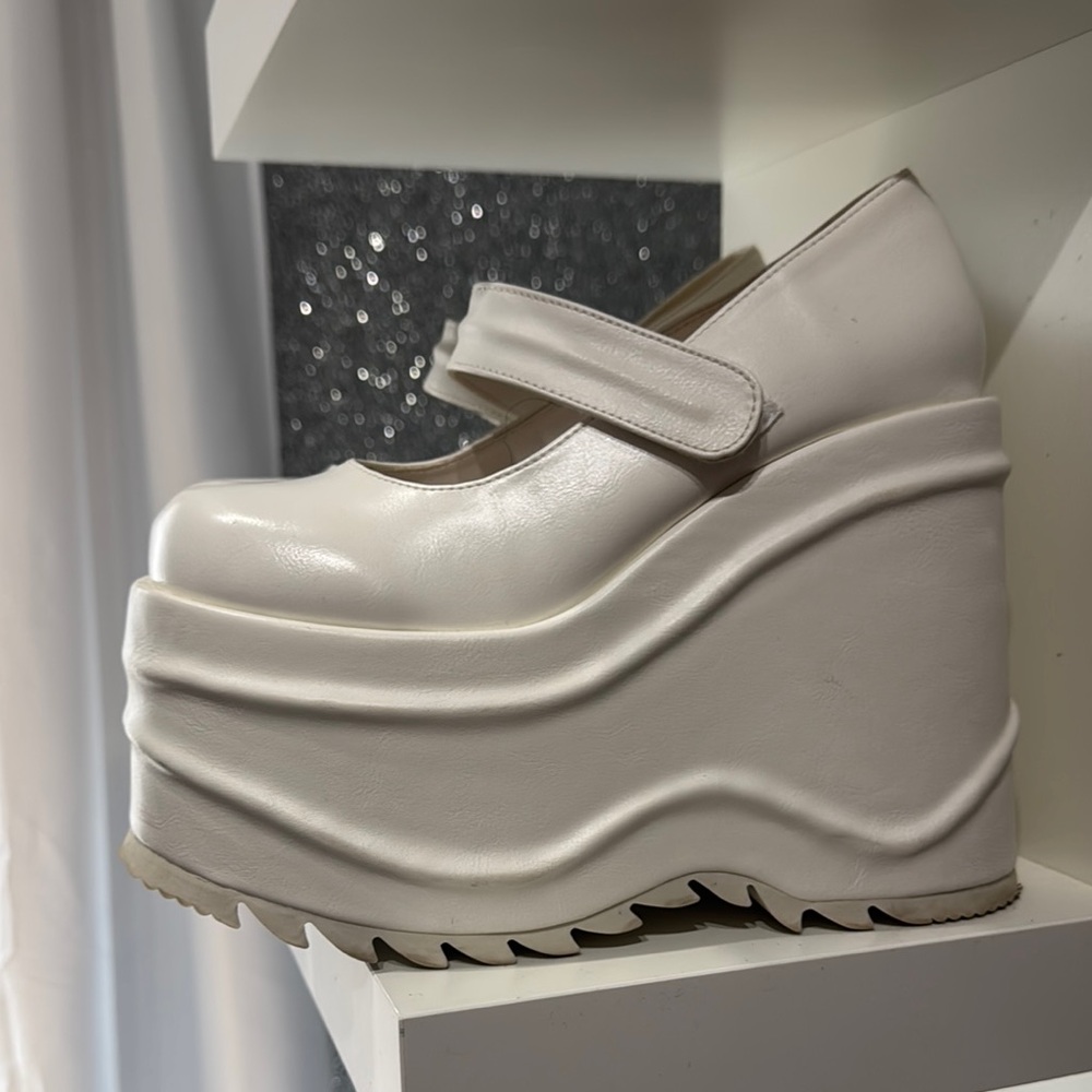 Demonia White Platform Mary Jane Shoes with Wave Sole